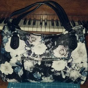Jessica Simpson Garden Floral Black & White Faux Leather Satchel Bag